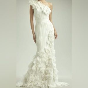 Tadashi Shoji One Shoulder Pintucked Appliqué Gown